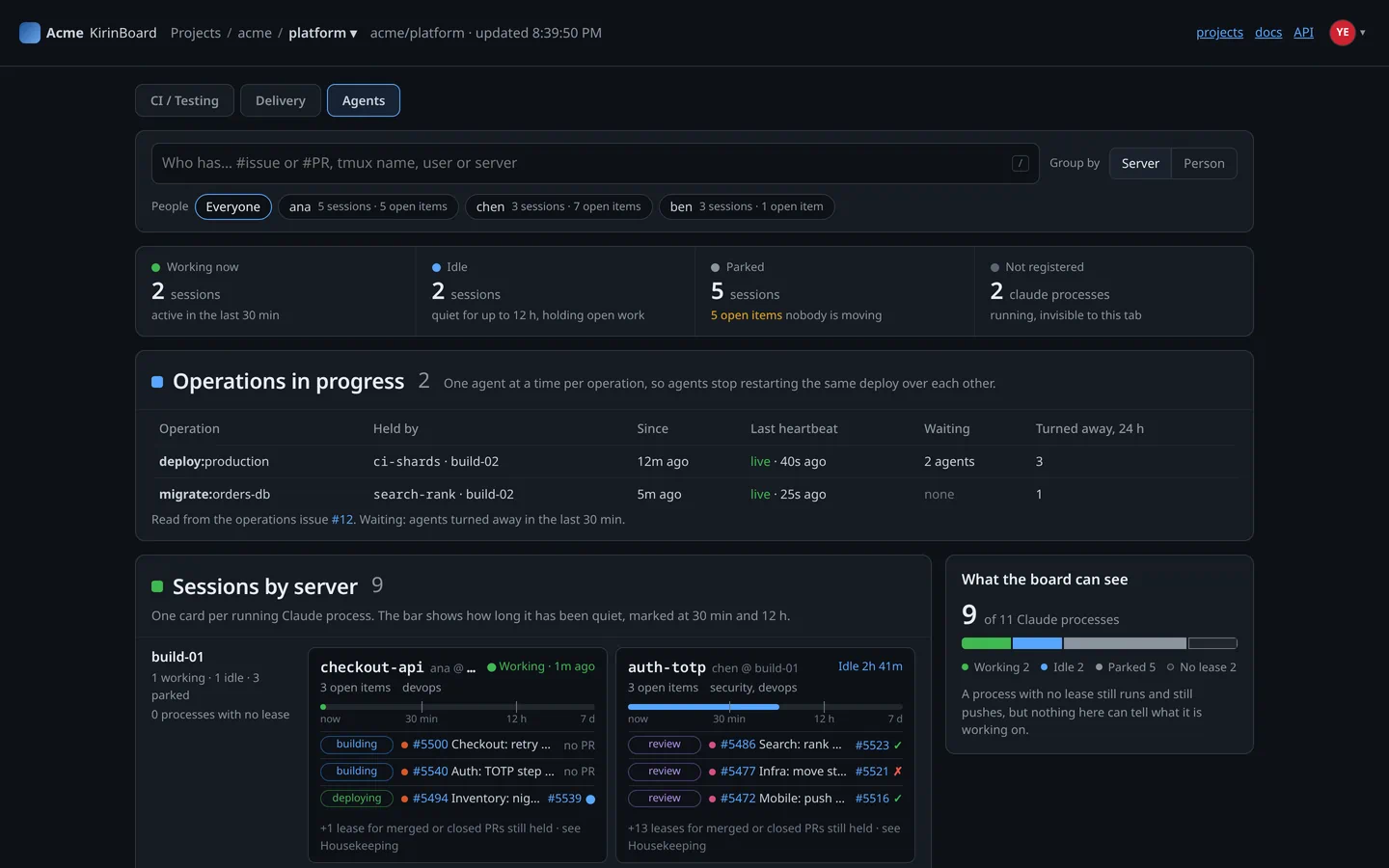 The Agents view: sessions working, idle and parked, operations in progress, and one card per session with its issues and pull requests