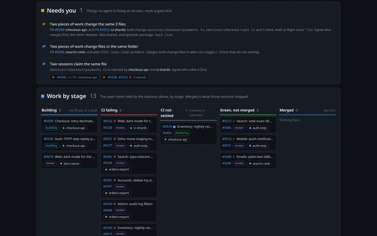 The collision radar: two pull requests change the same three files, and two sessions claim the same file